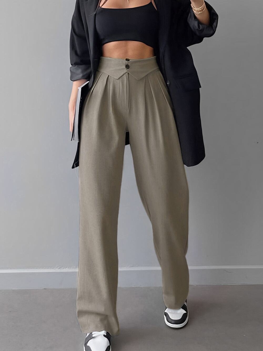 Commense Preppy Gray Street Fold Over Waistband Straight Leg Dress Pants NWT M